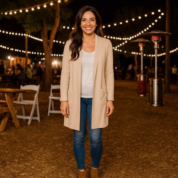 J Crew Cardigan Women S Sweater Champagne Linen Duster Slinky Boho Pockets Retro - Picture 1 of 9